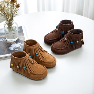 女童流苏靴磨砂真皮2025秋冬新款儿童加绒短靴中大童公主勃肯单靴