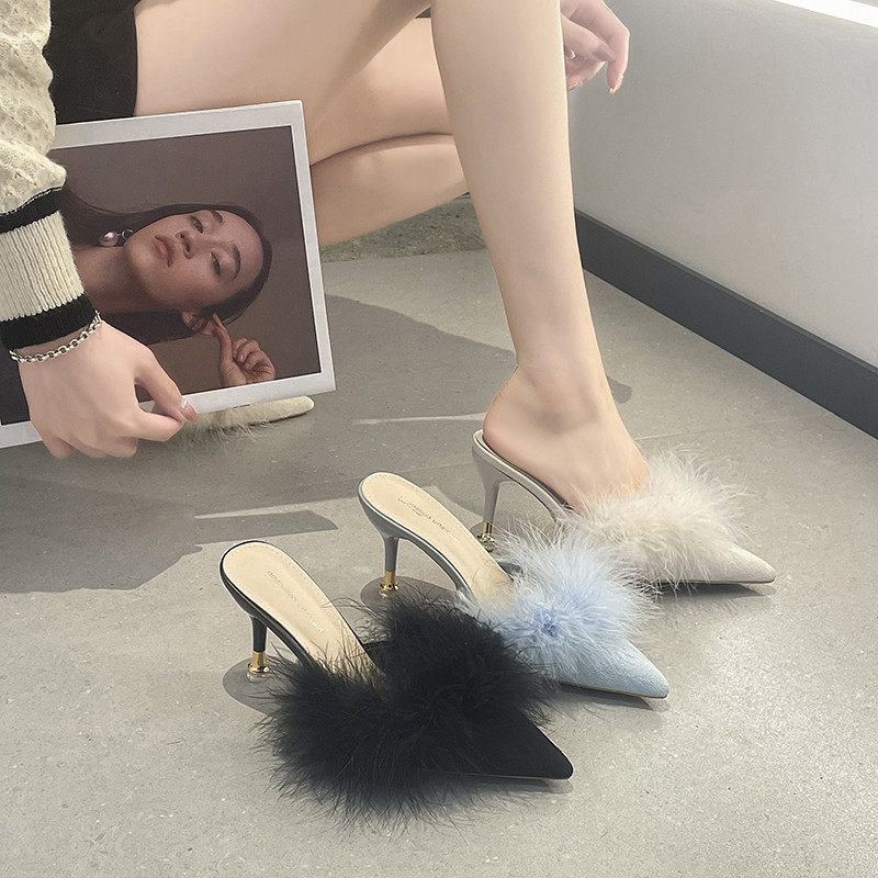 毛毛高跟鞋女尖头细跟欧美风网红包头半拖2025新款时尚外穿凉拖鞋