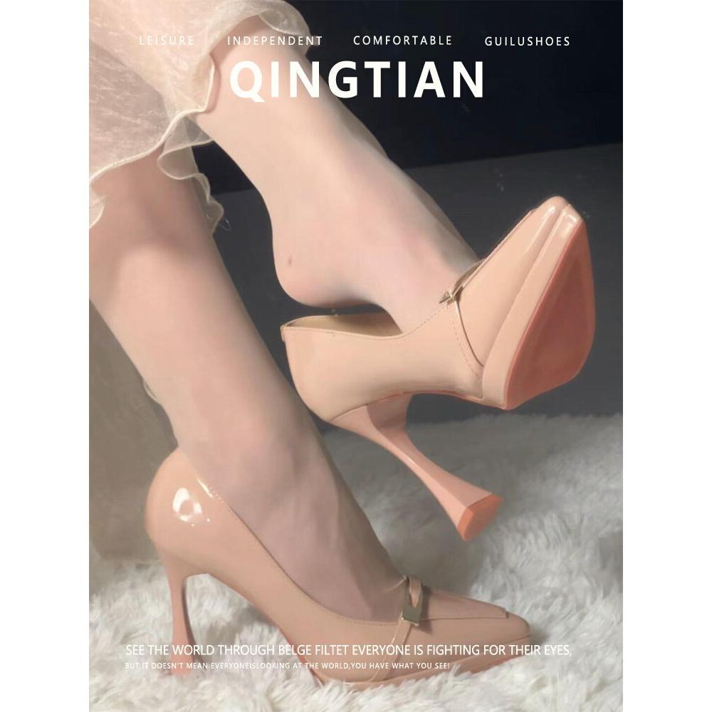 软皮版~法式英伦风金属扣带尖头超高跟鞋女软皮不累脚防水台单鞋