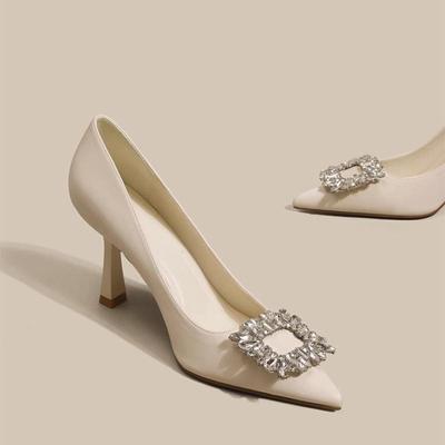 法式气质尖头高跟鞋女2025新款米白色单鞋日常可穿工作鞋伴娘鞋