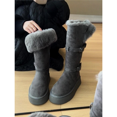 厚底灰色长筒雪地靴女2025冬季新款增高加绒加厚高筒东北大棉鞋子