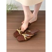 外穿配裙子高跟凉鞋 法式 夏季 女2025新款 真皮方头一字带坡跟凉拖鞋