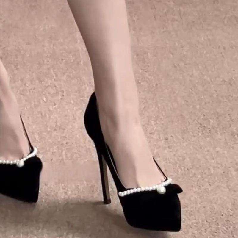 珍珠蝴蝶结黑色礼服防水台高跟鞋女磨砂绒面尖头细跟单鞋通勤10cm,女鞋,深口单鞋,淘宝优惠券,粉丝福利购,淘宝优惠卷