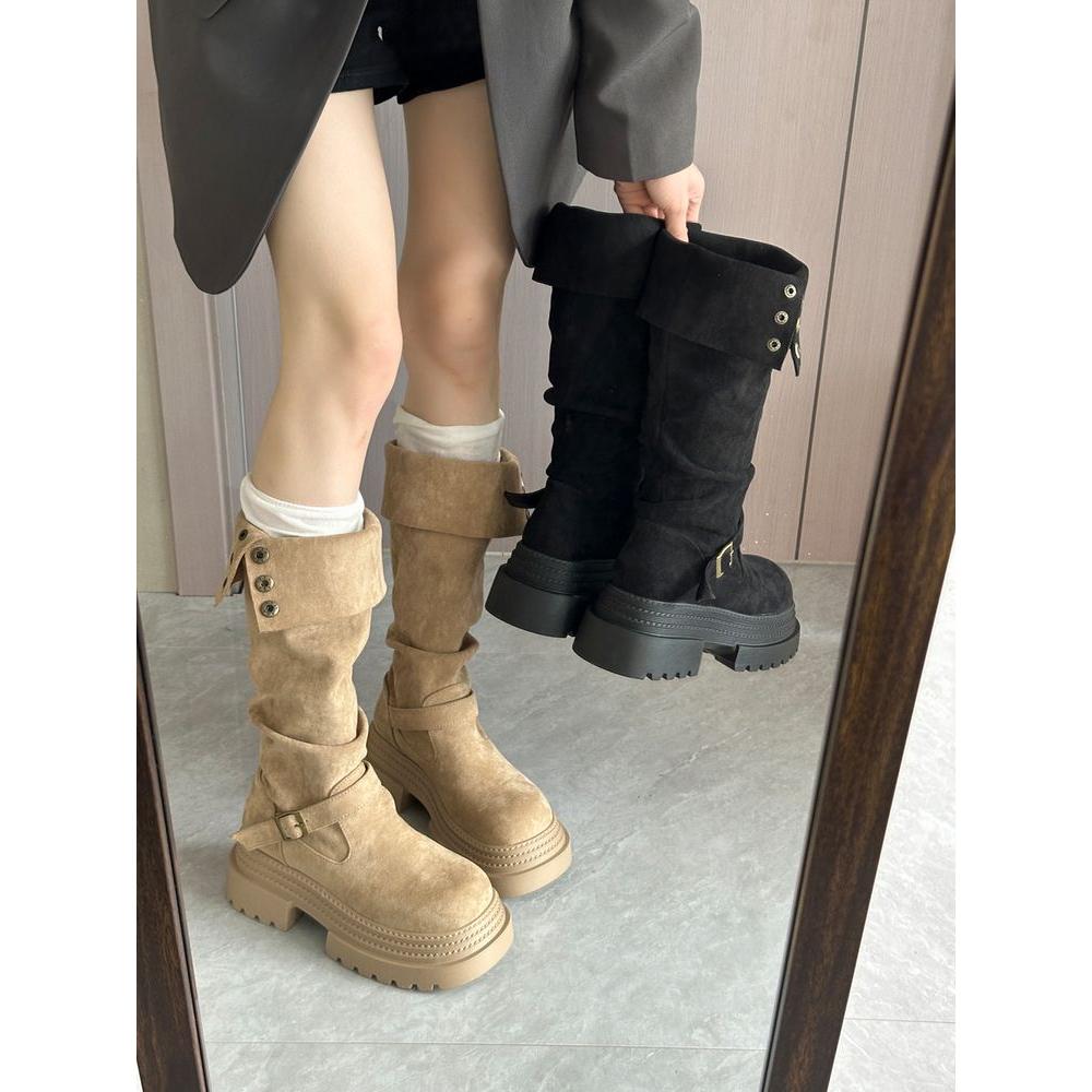 西部牛仔靴子长筒靴女粗腿小个子厚底增高两穿翻折堆堆高筒骑士靴