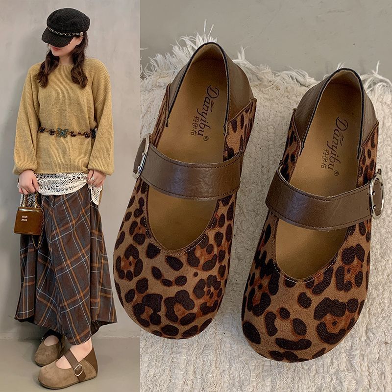 小众皮带扣平底珍鞋女鞋2025年秋季复古豹纹软底玛丽浅口单鞋女