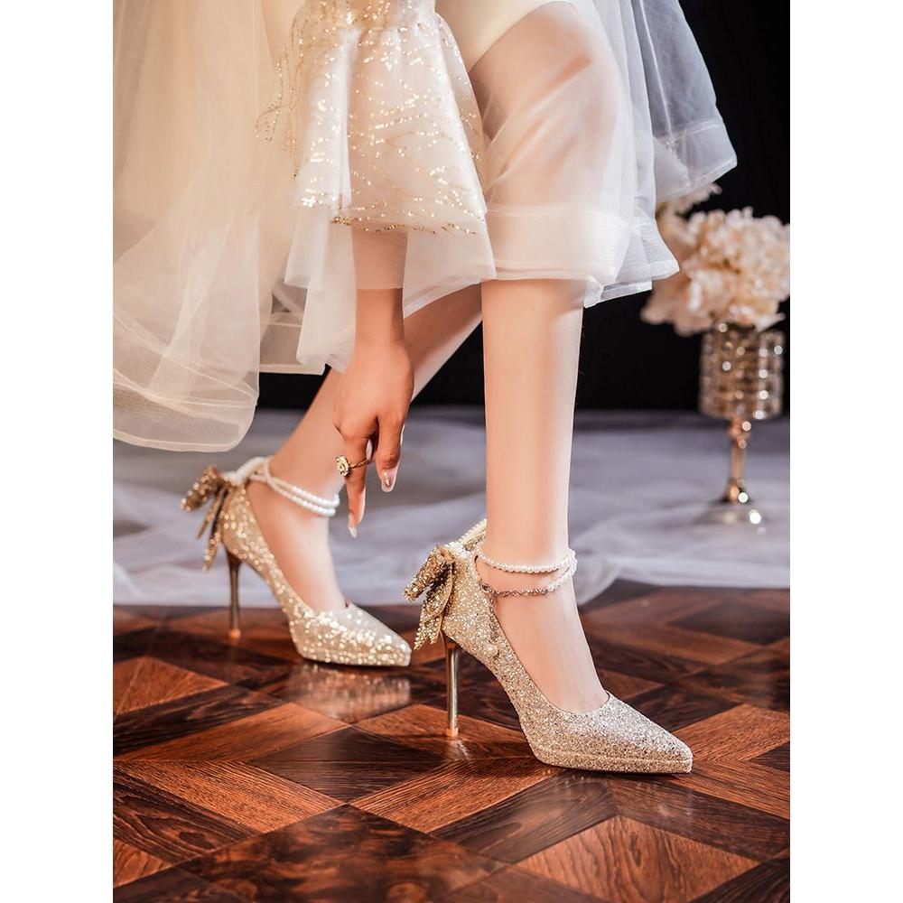 绝美银色高跟鞋2025新款亮片主纱婚鞋秀禾两穿新娘结婚礼服高跟鞋