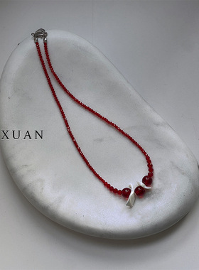 红色天然石串珠水晶贝壳项链复古甜酷简约气质百搭原创锁骨链