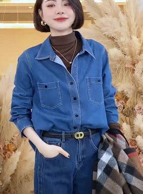 大洪洪VEE同款韩版秋冬新款蓝色叠穿牛仔衬衣