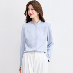 气质立领白色衬衫 新款 女设计感小众高级感缎面衬衣 2026春季 实拍