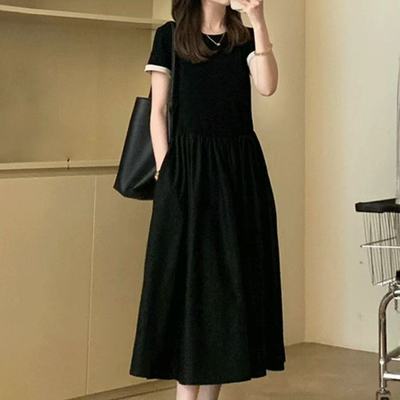 高级感长款短袖连衣裙女夏季2025新款今年流行爆款收腰显瘦长裙子