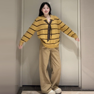 上衣 慵懒高级感内搭打底针织衫 黄色条纹套头毛衣女秋冬季 2025新款