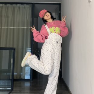 直筒长裤 女2026春夏宽松连体裤 潮 复古碎花白色休闲背带裤 美式