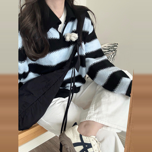 翻领上衣 宽松加厚软糯针织衫 条纹慵懒高级感毛衣女秋冬季 2025新款