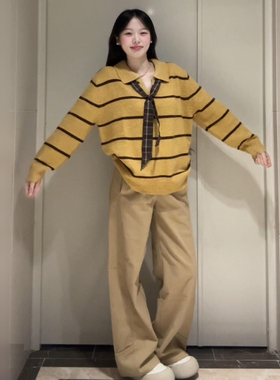 黄色条纹套头毛衣女秋冬季2025新款慵懒高级感内搭打底针织衫上衣