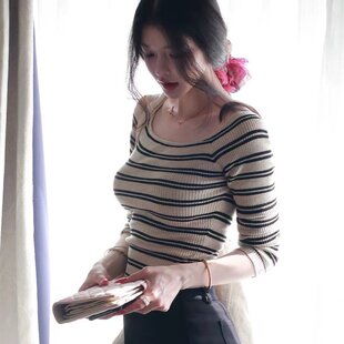 修身 Fart 绵羊毛一字肩条纹毛织女春季 奶冻千层 上衣 Shop