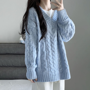 2025新款 v领奶蓝色软糯麻花毛衣女秋冬内搭慵懒风高级感宽松加厚