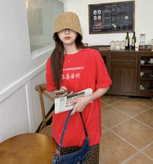 Real price real shot Korean spring new year's letter embroidery loose lovers' best friend medium long short sleeve T-shirt