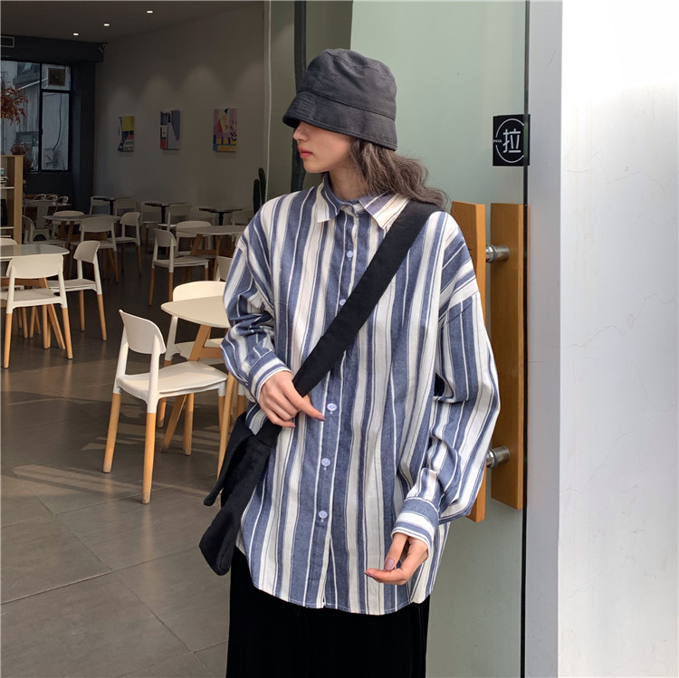 Real price real shot Korean good texture stripe medium long loose BF versatile long sleeve casual shirt 9161#
