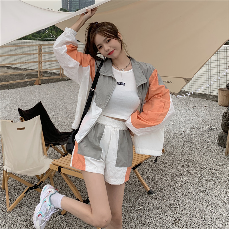 Real price real shot stand collar color matching thin sunscreen coat women's High Waist Wide Leg shorts leisure sports two piece suit