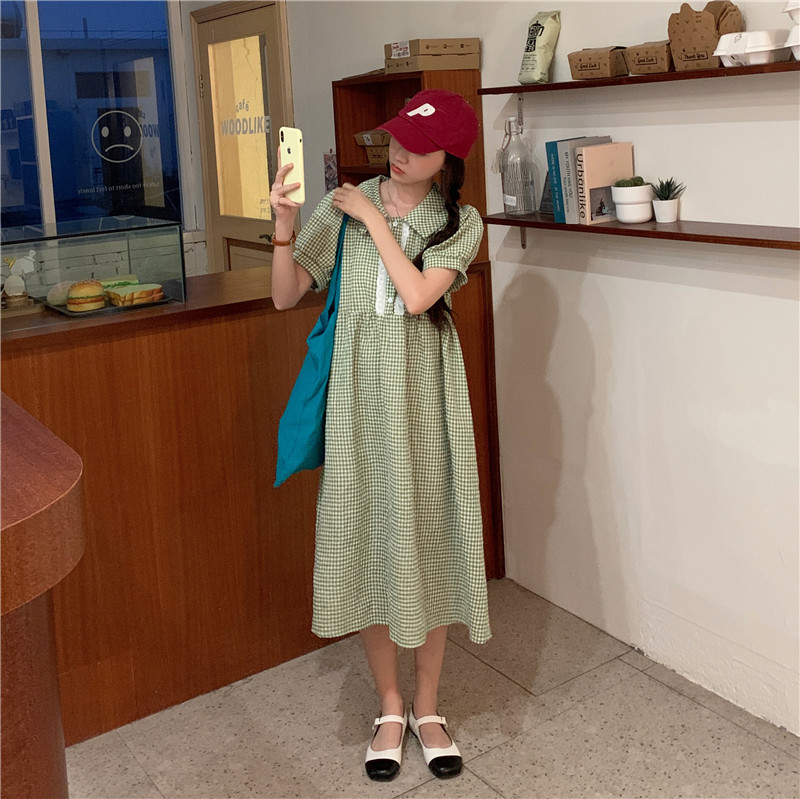 實價實拍 韓版法式復古娃娃領小眾連衣裙顯瘦格子連衣裙女