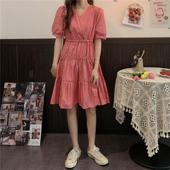 Real price real shot Korean temperament V-neck waist show thin medium long dress