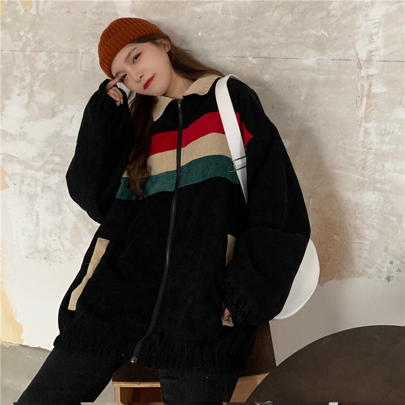 Real price real shot Korean color matching jacket women's Korean loose casual versatile Baseball Jacket