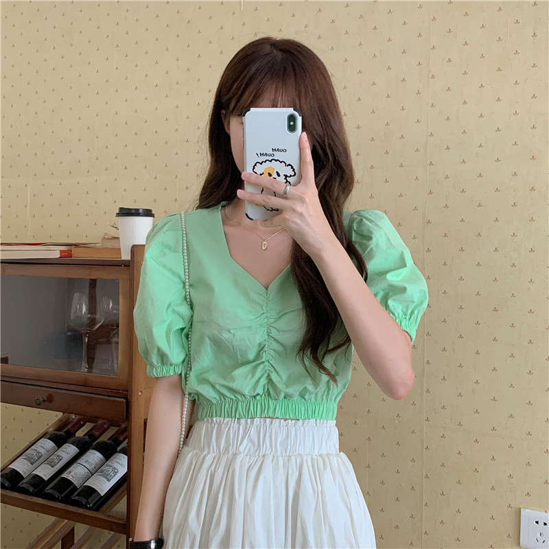 Real price real shot short sleeve T-shirt for women in 2021 new slim and sweet V-neck top for women in summer