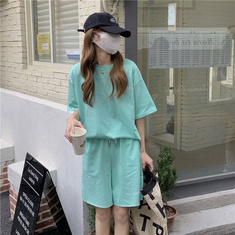 Real price real shot 2021 summer new Korean loose and versatile Top + elastic straight pants two piece set