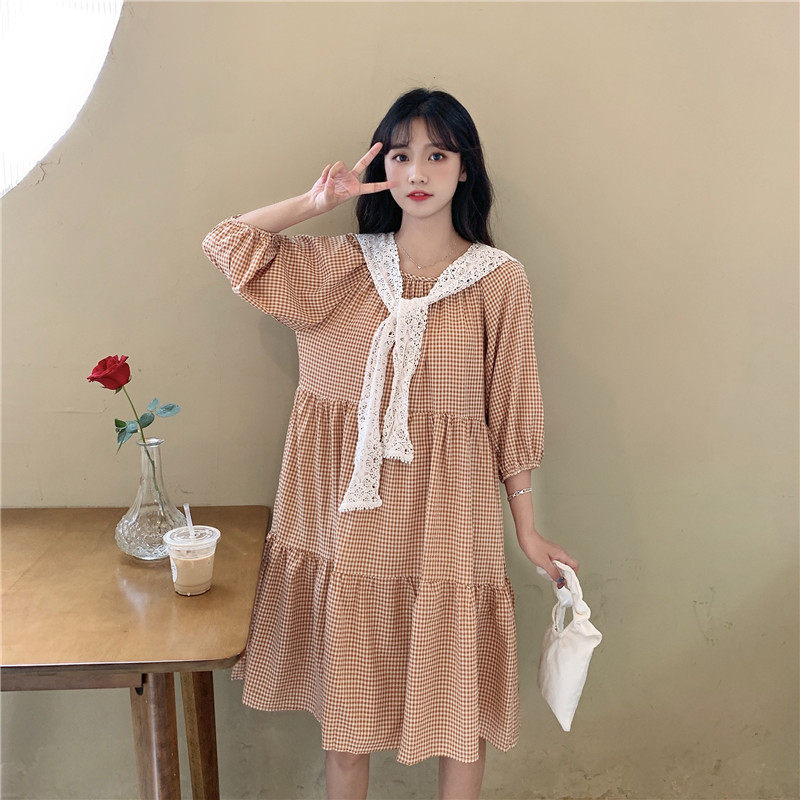 Real price real shot Korean RETRO art small fresh lattice loose and thin + shawl dress female