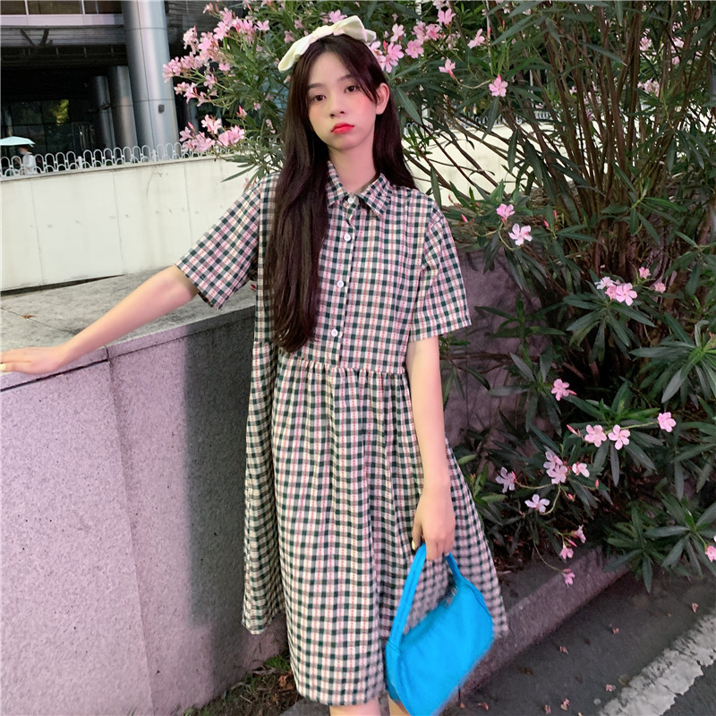 Real price real shot 2021 summer new Korean loose polo collar small age reducing Plaid Dress