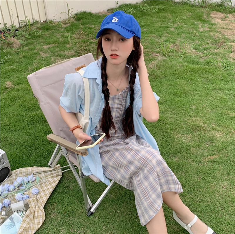 Real price real shot 2021 summer new Korean chic solid color shirt + Plaid medium length suspender dress