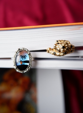 Vintage黑金珐琅立体设计豹子戒指女式