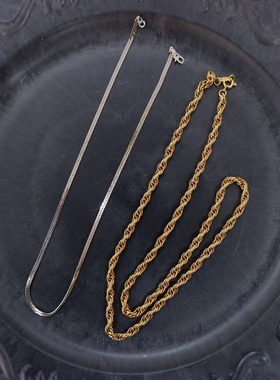 Vintage打标款素链monet银色扁平18KGP金色麻花链复古别致时尚