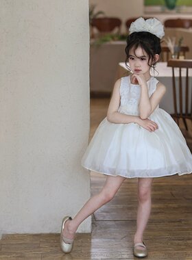 法国Uamtor女童2026夏季新款白色刺绣背心裙洋装生日礼服公主裙
