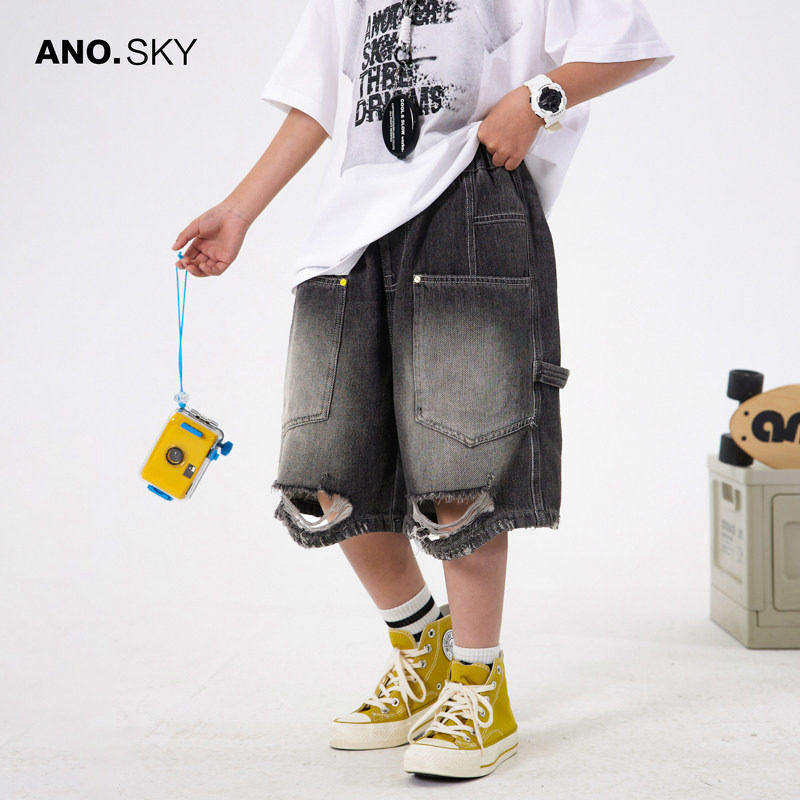 anothersky 男童夏季渐变软牛仔短裤2026新款儿童美式破洞五分裤