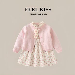 英国Feelkiss女童洋装秋装新款洋派儿童公主裙周岁礼服碎花套装