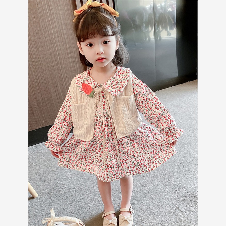 法国Jacadl女童连衣裙秋季2022新款洋气春装儿童碎花针织马甲裙子