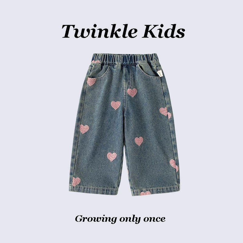 Twinkle Kids~女童裤子秋装儿童牛仔裤女宝宝甜美爱心洋气直筒裤