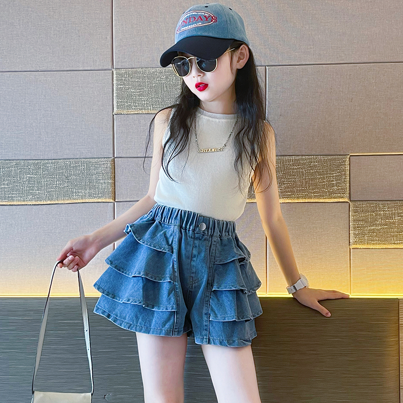 法国女童裙裤夏装2025新款儿童裤子女孩大童牛仔短裤套装夏季童装