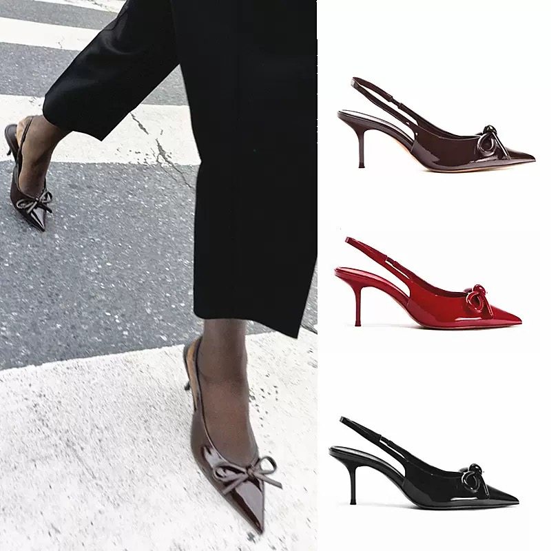 ZA2025秋季新款尖头细跟高跟鞋女蝴蝶结漆皮浅口单鞋包头凉鞋,女鞋,穆勒鞋,淘宝优惠券,粉丝福利购,淘宝优惠卷