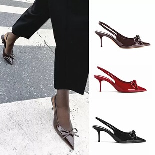 ZA2025秋季新款尖头细跟高跟鞋女蝴蝶结漆皮浅口单鞋包头凉鞋