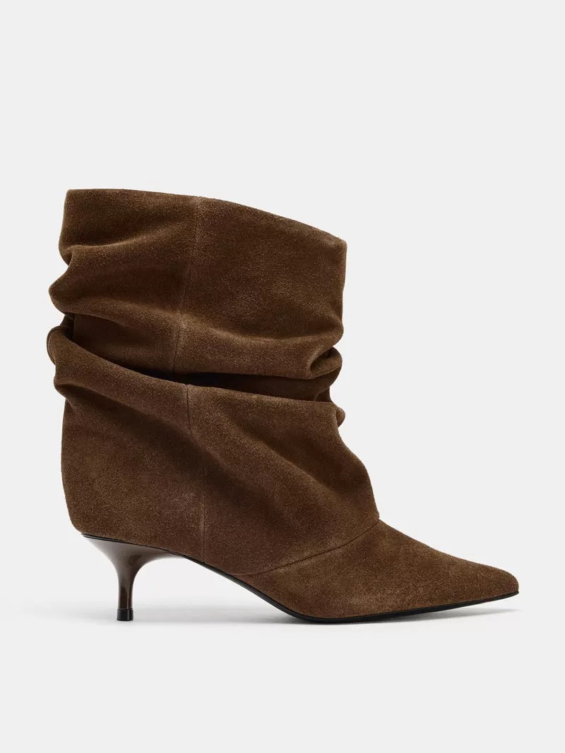 ZA细跟尖头弹力瘦瘦靴女绒面时装褶皱堆堆靴中筒法式复古短靴