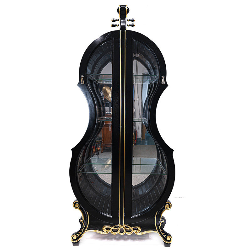 小提琴酒柜实木雕花玻璃双门客厅展示柜家用欧式美式摆件黑色