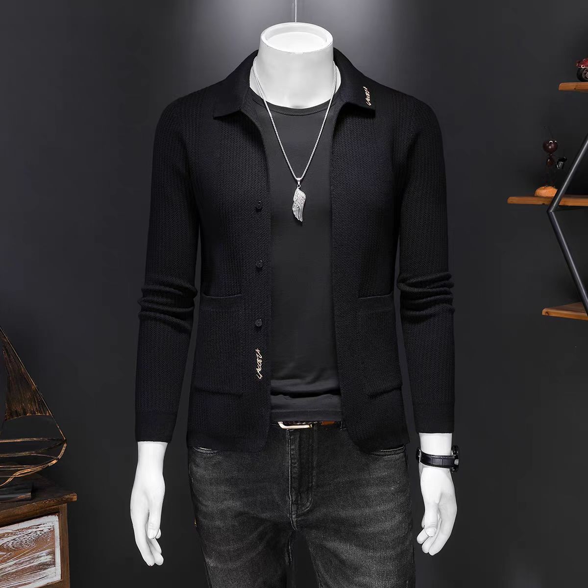 秋季男士针织开衫中年翻领休闲百搭长袖修身毛衣外套潮