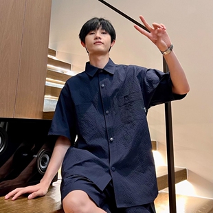 林社长男生夏季新款套装衬衫宽松短袖衬衫短裤透气薄款上衣套装