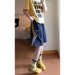 美式三条杠速干运动短裤男款夏季潮牌休闲中裤藏青色直筒五分裤子