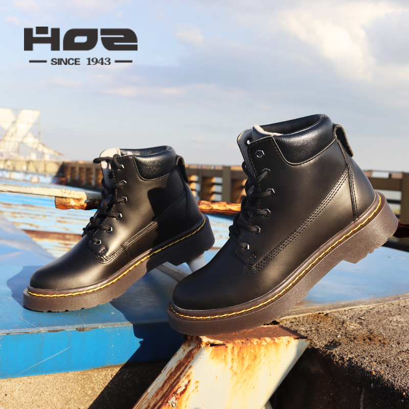 HOZ后街马丁靴女新款牛皮短靴潮ins百搭真皮鞋秋冬季女短靴不加绒