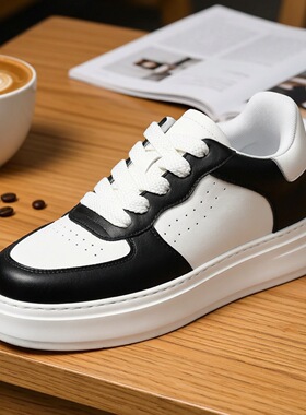 增高鞋男7cm黑白百搭板鞋2026年春款真皮小众运动休闲内增高男鞋