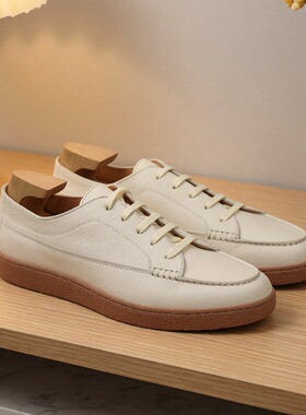 英伦新款春夏头层牛皮压纹绑带复古休闲鞋运动西装套脚滑板小白鞋