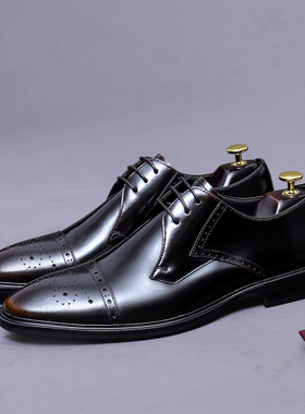 三接头新款头层牛皮商务正装皮鞋男亮面时尚休闲德比男士皮鞋婚鞋
